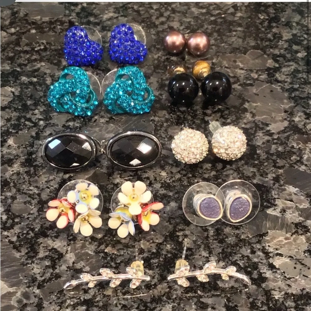 Costume Jewelry Set of 9 Women's Stud Earring Set - Black, Blue, Gold, Silver
